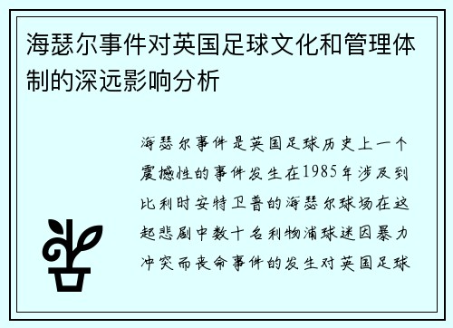 海瑟尔事件对英国足球文化和管理体制的深远影响分析