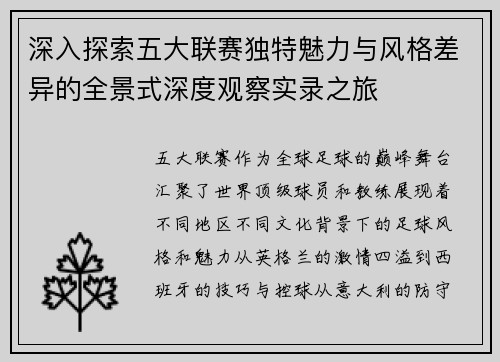 深入探索五大联赛独特魅力与风格差异的全景式深度观察实录之旅