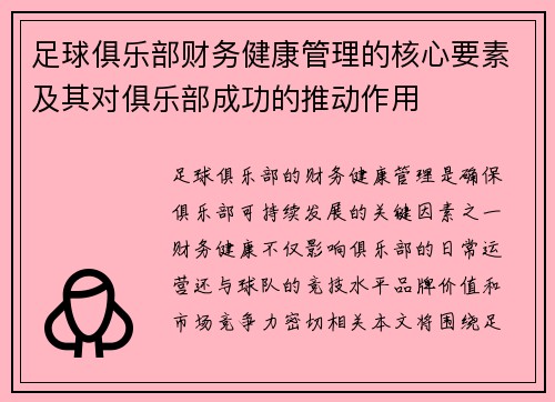 足球俱乐部财务健康管理的核心要素及其对俱乐部成功的推动作用